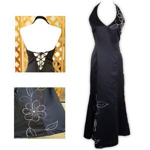 Vintage MASQUERADE Y2K Satin Black Beaded Halter Maxi Dress Fits Large